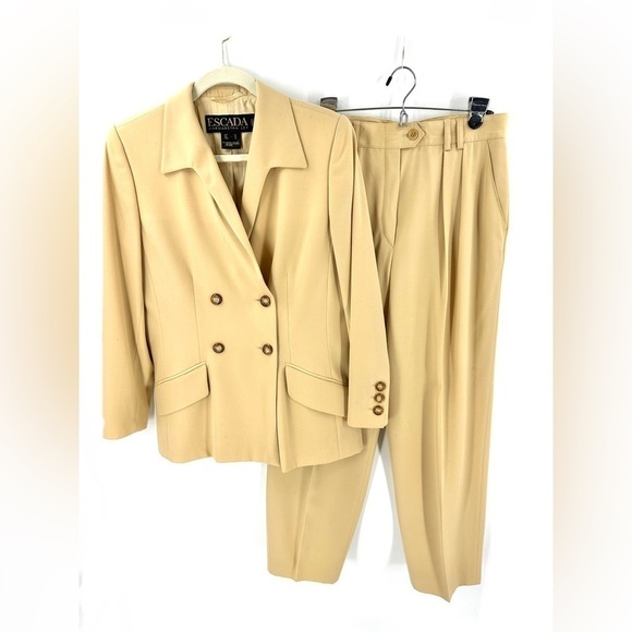 Vintage Escada 100% Wool Double Breasted Blazer Pants Suit 2 Pc Set Tan Sz 10 - Picture 1 of 14